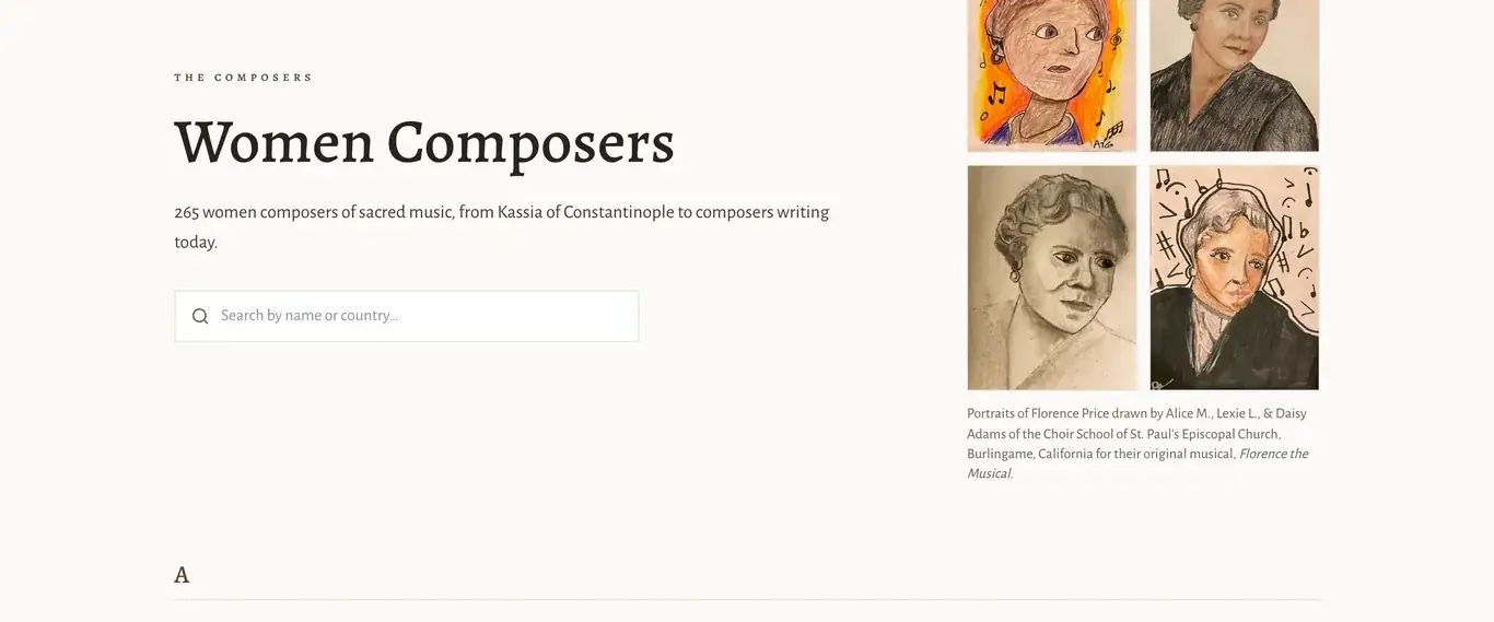 The top of the rebuilt composers index, with a search field and four children's drawn portraits of Florence Price in pencil and crayon, credited to Alice M., Lexie L. and Daisy Adams of the Choir School of St. Paul's Episcopal Church