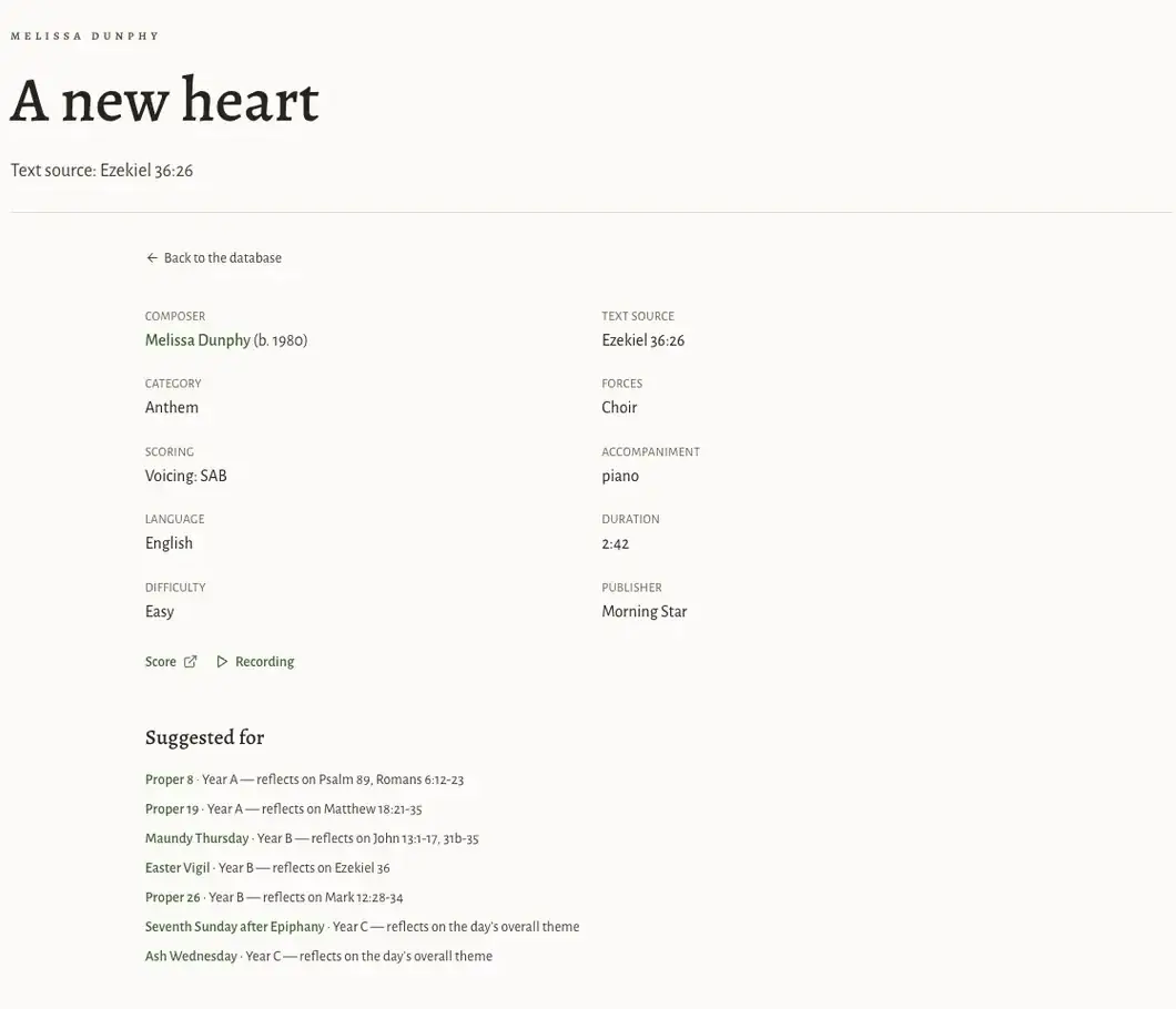 A single work page for Melissa Dunphy's A new heart: text source Ezekiel 36:26, category, forces, voicing SAB, accompaniment, language, duration 2:42, difficulty, publisher Morning Star, links to the score and a recording, then a Suggested for list of seven liturgical days each naming the readings it reflects on