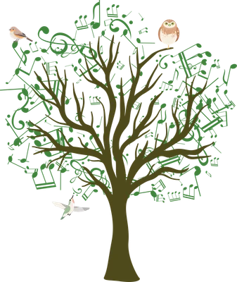 A Great Host of Composers — a tree whose leaves are musical notes, with an owl, a flycatcher and a hummingbird